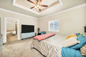 Carpeted bedroom with ornamental molding, ceiling fan, a raised ceiling, and ensuite bath