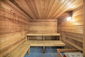 Sauna featuring wood walls and wood ceiling