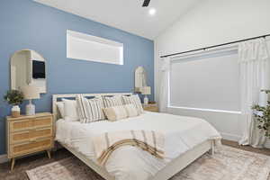 Bedroom featuring lofted ceiling, carpet floors, ceiling fan, and recessed lighting