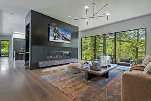 Living area featuring a high end fireplace, hardwood / wood-style flooring, and hanging lights