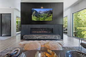 Living room featuring a glass covered fireplace and hardwood / wood-style flooring