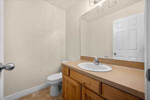 Half bath featuring vanity and toilet