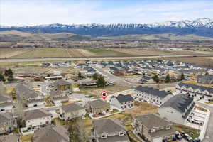 Aerial perspective of suburban area with mountains