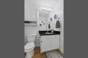 Bathroom featuring vanity, a textured ceiling, and light wood-type flooring