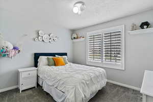 Bedroom featuring dark colored carpet and a textured ceiling