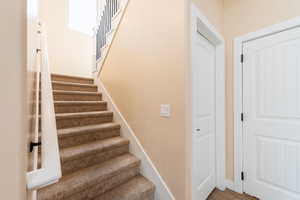 Stairs with baseboards and wood finished floors