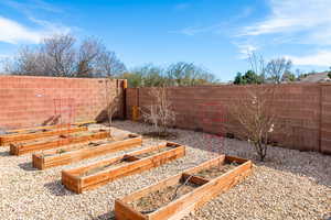 Fenced backyard featuring a vegetable garden