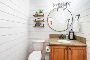 Bathroom with wooden walls and vanity