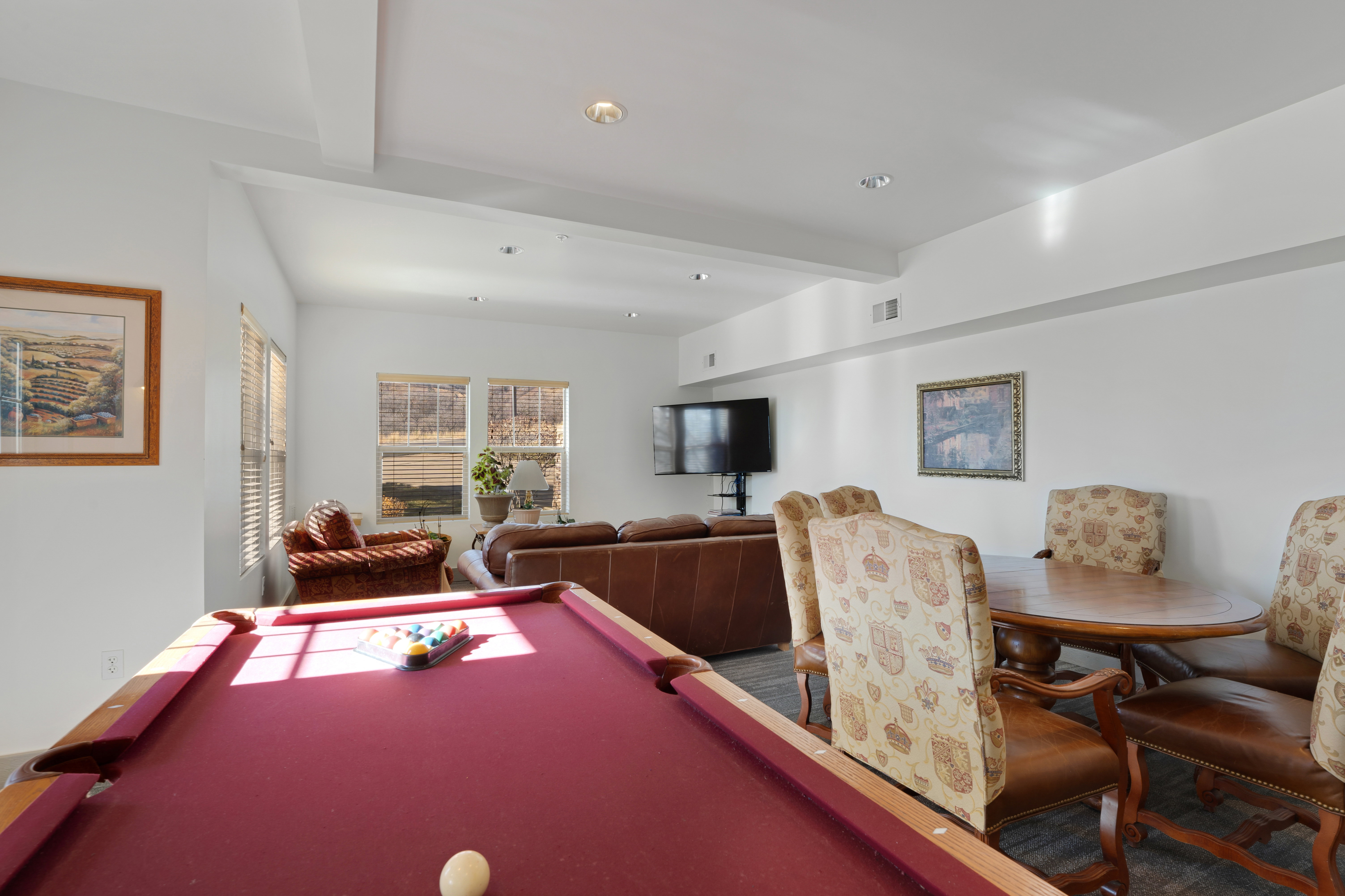 Game room with billiards, beam ceiling, and recessed lighting