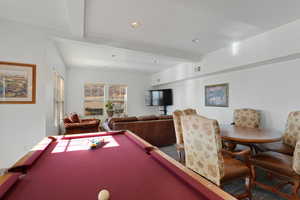 Game room with billiards, beam ceiling, and recessed lighting