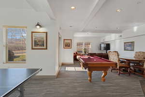 Rec room with billiards, beam ceiling, carpet flooring, and recessed lighting