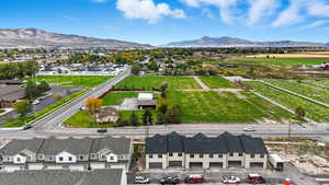 Aerial view of residential area with a mountainous background