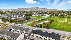 Aerial view of residential area with a mountain backdrop