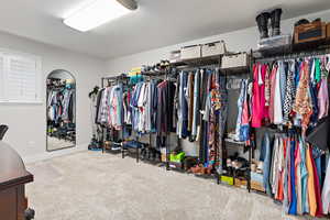 Walk in closet with light carpet
