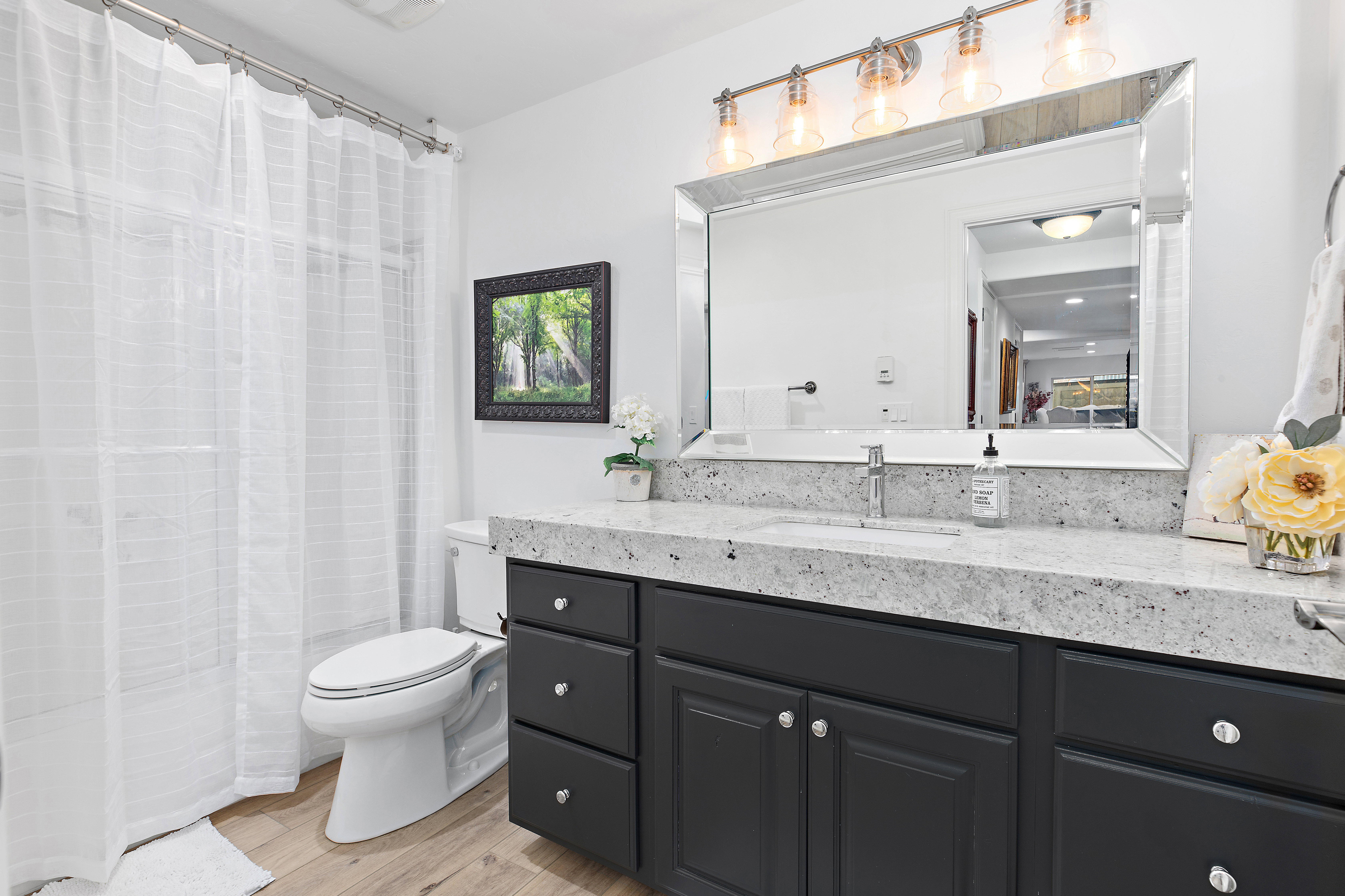 Bathroom with vanity, light wood-style floors, and a shower with curtain