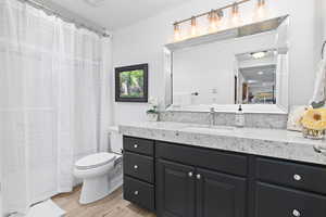 Bathroom with vanity, light wood-style floors, and a shower with curtain