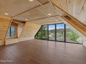 Additional living space featuring wooden walls, a mountain view, vaulted ceiling, and wood finished floors