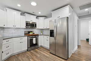 Kitchen with stainless steel appliances, dark wood-type flooring, white cabinetry, and recessed lighting