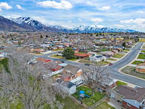 Aerial perspective of suburban area with mountains
