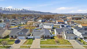 Aerial view of residential area with mountains