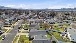 Aerial perspective of suburban area with mountains