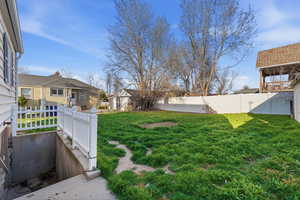 Fenced backyard featuring a residential view