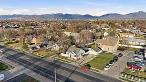 Aerial perspective of suburban area featuring mountains