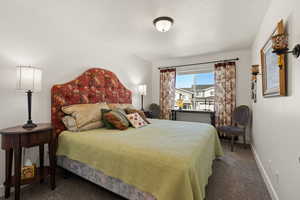 Bedroom with carpet floors and baseboards