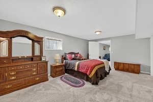Bedroom featuring light carpet and a textured ceiling