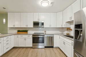 Kitchen featuring stainless steel appliances, backsplash, white cabinets, and light wood finished floors