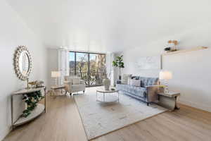 Living room with expansive windows and light wood finished floors