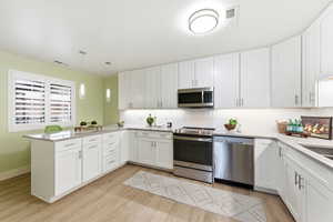 Kitchen with stainless steel appliances, a peninsula, and white cabinetry