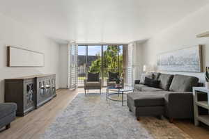 Living room featuring expansive windows and light wood-style floors