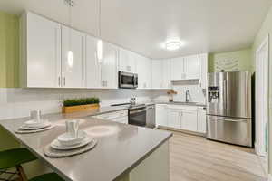 Kitchen with stainless steel appliances, a kitchen breakfast bar, white cabinetry, a peninsula, and backsplash