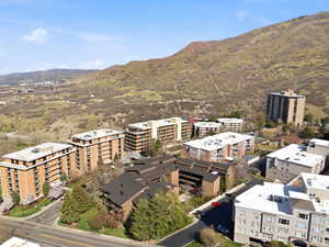 Aerial view of a mountainous background and apartment complex / building