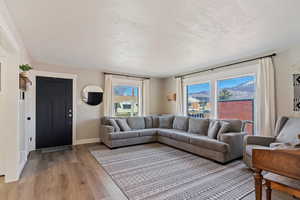 Living area featuring light wood-style flooring and a textured ceiling
