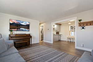 Living area featuring dark wood-style floors and wooden walls