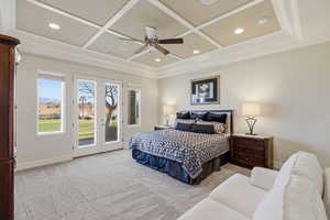 Bedroom featuring coffered ceiling, recessed lighting, access to outside, ceiling fan, and french doors