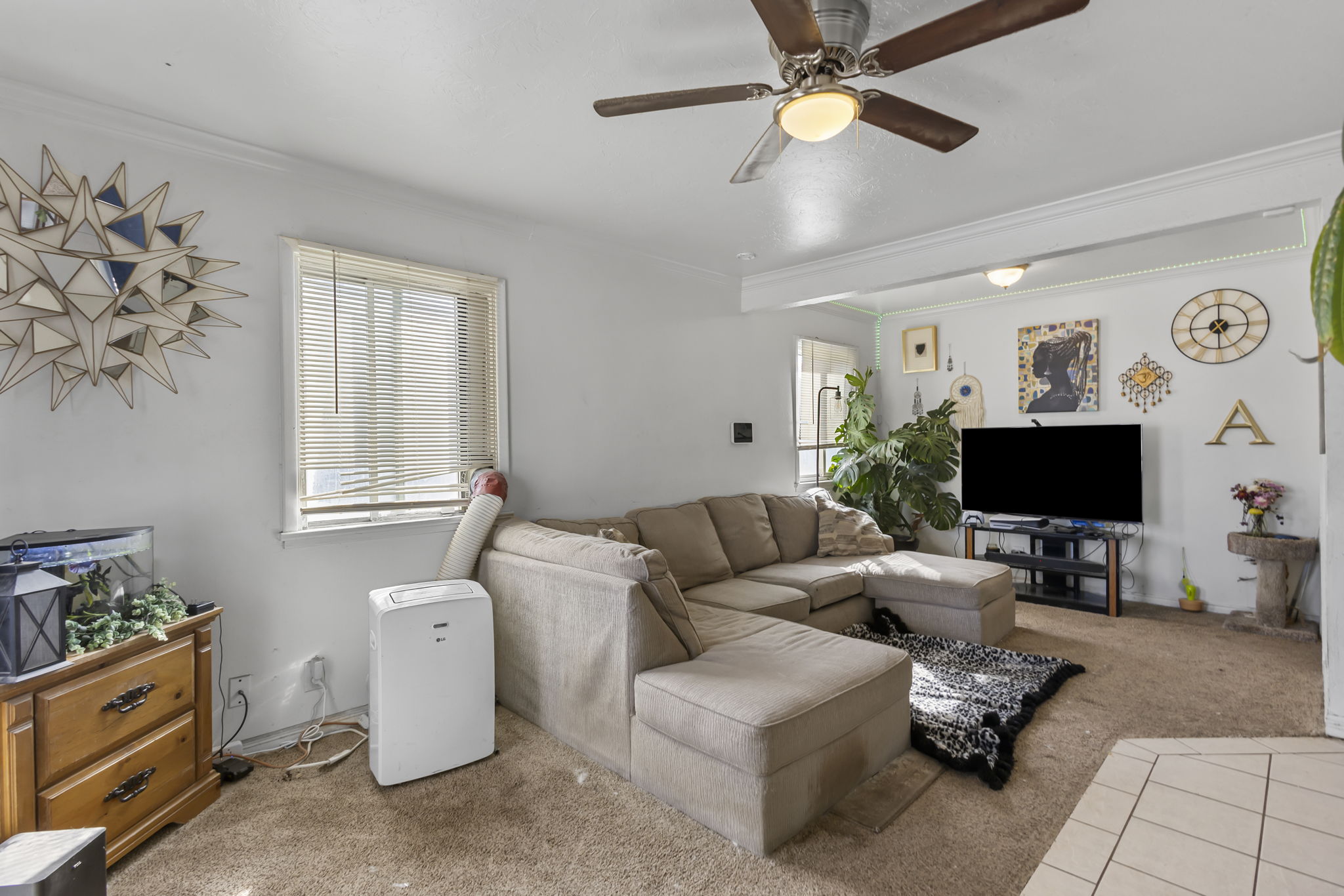 Living area with carpet flooring, crown molding, ceiling fan, and plenty of natural light