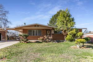View of front of property featuring an attached carport, a front yard, brick siding, and concrete driveway