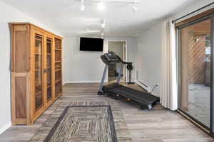 Workout room with a baseboard heating unit, light wood-style flooring, and track lighting