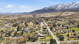 Aerial view of residential area with a mountain backdrop