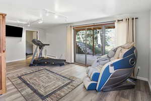 Exercise area featuring wood finished floors, rail lighting, and a baseboard heating unit