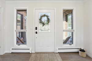 Entrance foyer featuring baseboard heating, ornamental molding, and dark wood-type flooring