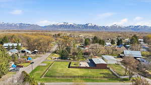 Aerial view of residential area with a mountain backdrop