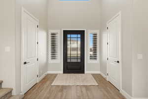 Foyer entrance with a high ceiling and light wood-type flooring