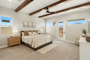 Bedroom featuring access to exterior, light carpet, recessed lighting, a ceiling fan, and multiple windows