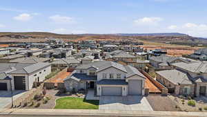 Aerial view of residential area with mountains