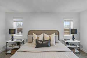 Bedroom with carpet flooring and multiple windows