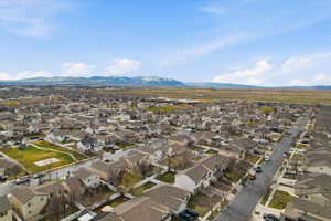 Aerial view of residential area with mountains